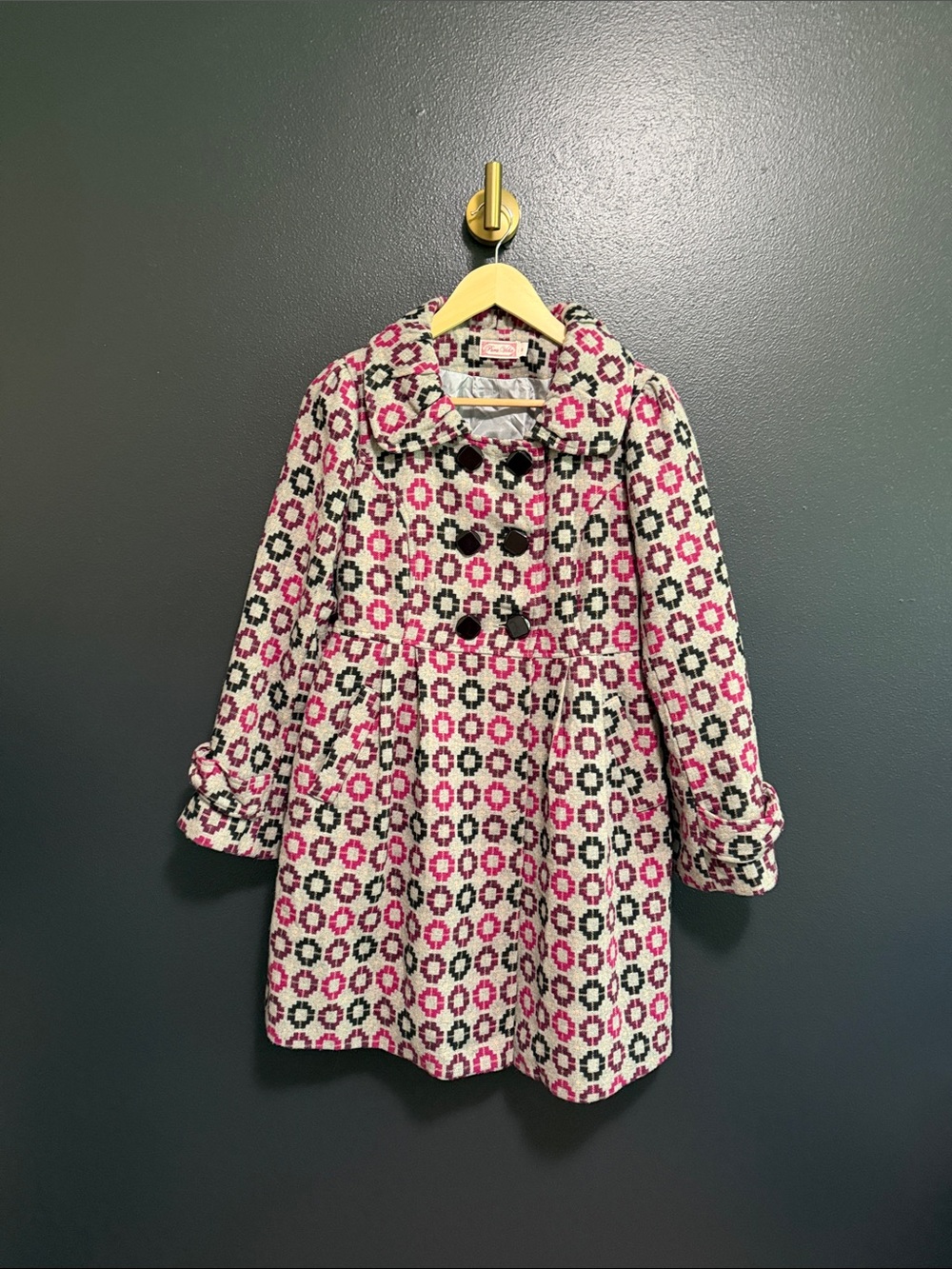 Pura Vida Retro Geometric Tapestry Double Breasted Pea Coat Pink Black Size 8